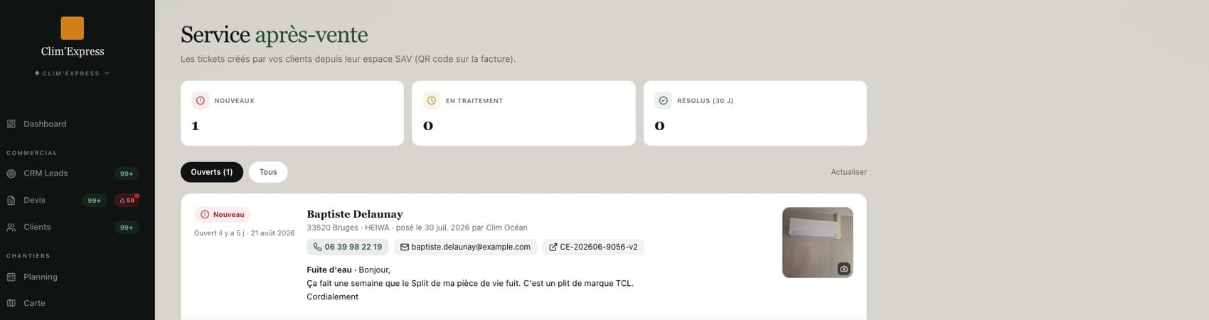 Clim'Express — Service après-vente : tickets ouverts par les clients via QR code sur la facture